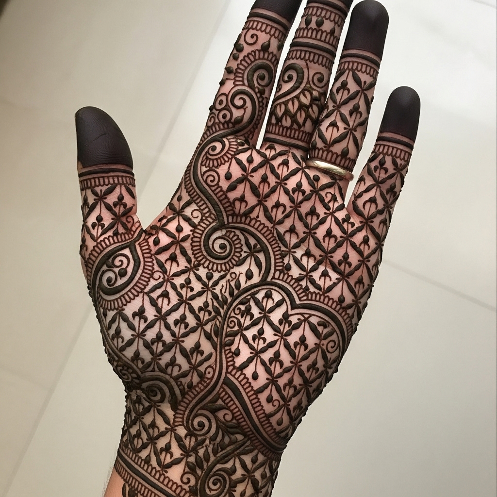 A dense, intricate Jaali (lattice) Henna pattern completely covering the back of a hand, filled with tiny, repetitive leaf and vine motifs, giving a lace-like appearance.